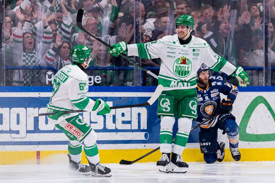Albin Sundsvik (right) celebrates his hat-trick goal