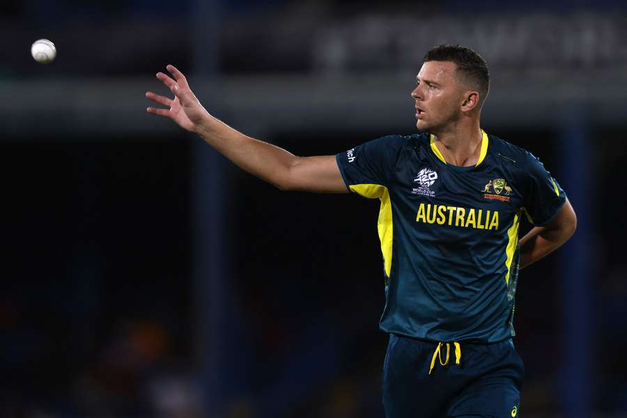 Hazlewood in action for Australia at the T20 World Cup