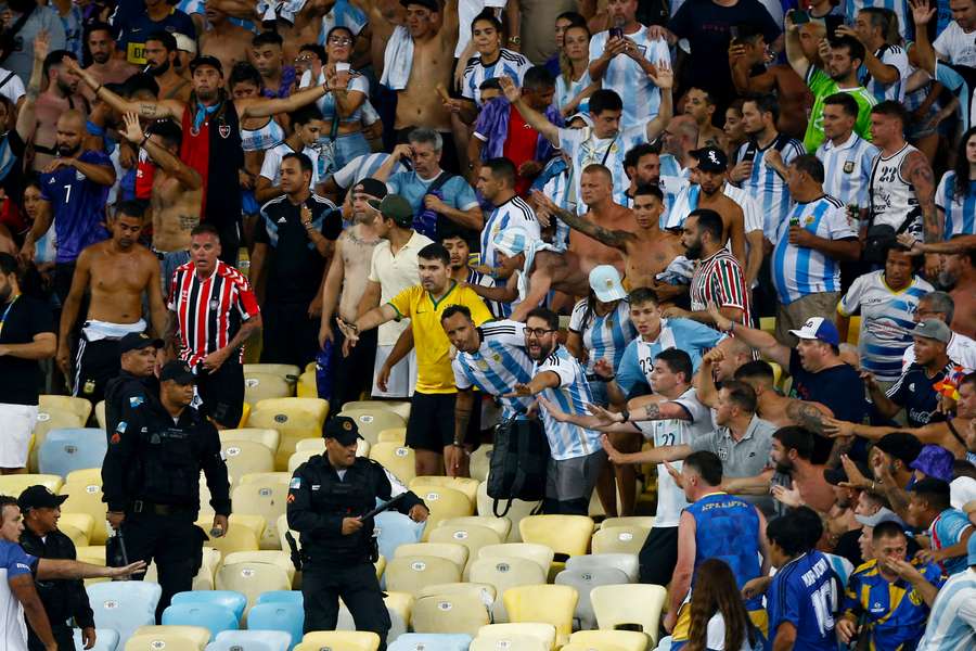 Argentina fans clash with Brazilian police before the start of the 2026 World Cup qualifier at Maracana Stadium in Rio de Janeiro