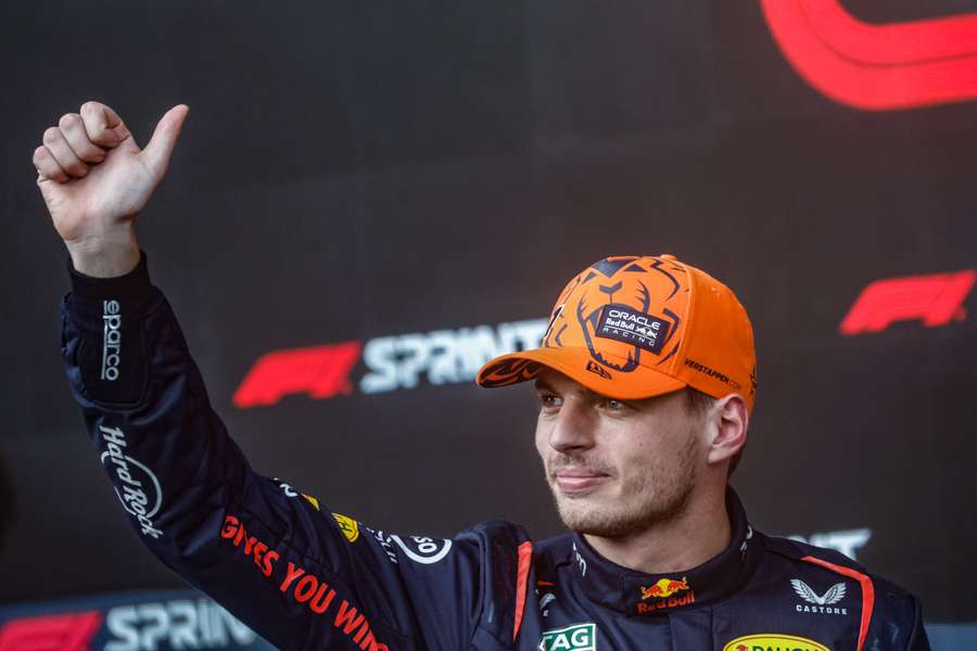 Red Bull's Max Verstappen celebrates after winning the sprint race