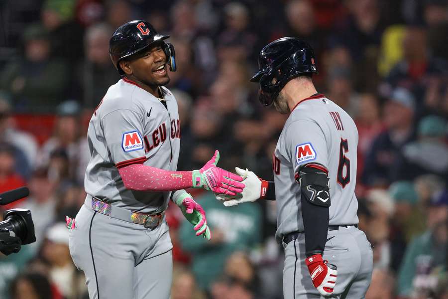 Guardians' Angel Martinez celebrates home run against Boston Red Sox