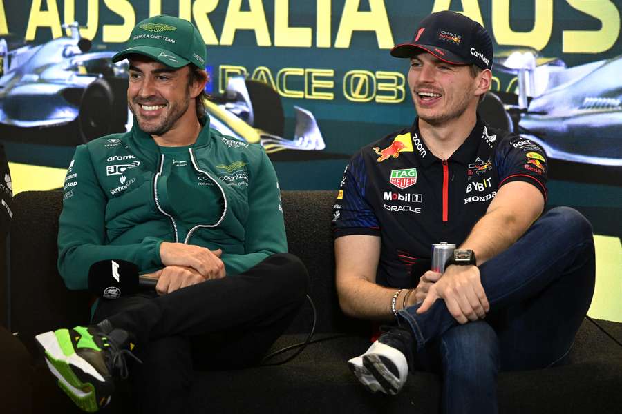 Red Bull's Max Verstappen (R) and Aston Martin's Spanish driver Fernando Alonso in Melbourne