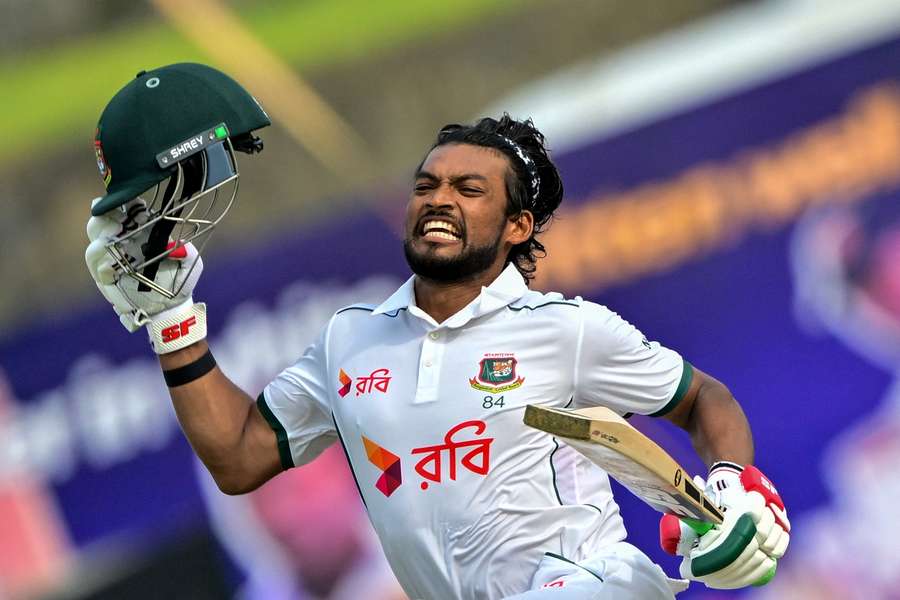 Bangladesh's captain Najmul Hossain Shanto celebrates after scoring a century against Sri Lanka