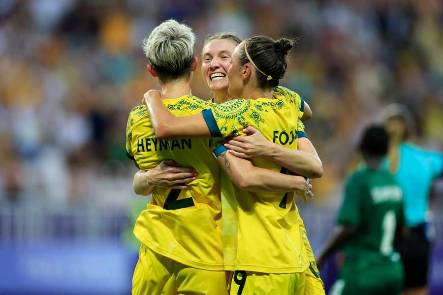 Australia's forward #02 Michelle Heyman celebrates scoring her team's sixth goal 