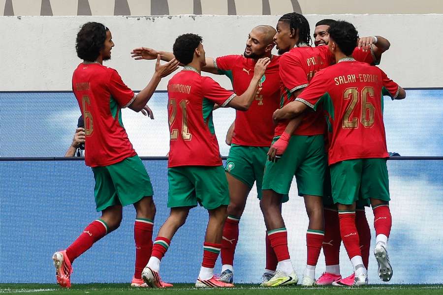 Die Marokkaner feiern das frühe 1:0 durch Ismael Saibari Die Marokkaner feiern das frühe 1:0 durch Ismael Saibari