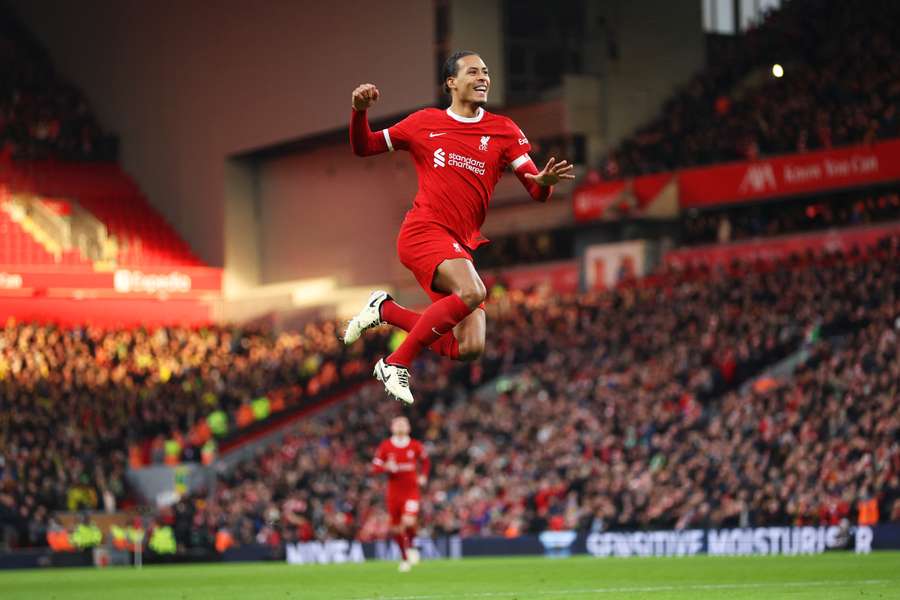 Virgil van Dijk celebrates after scoring against Norwich in the FA Cup