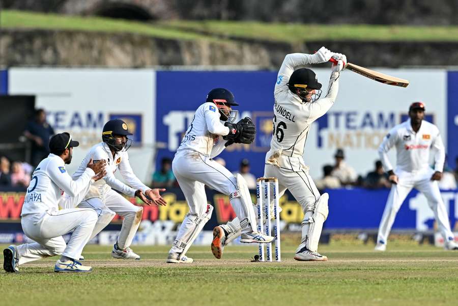 Tom Blundell plays a shot during the second day of the first Test between Sri Lanka and New Zealand at the Galle International Cricket Stadium