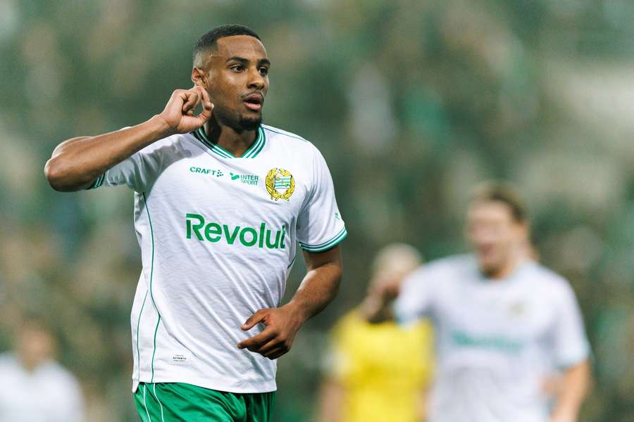 Paulos Abraham celebrates the first of his three against Mjallby