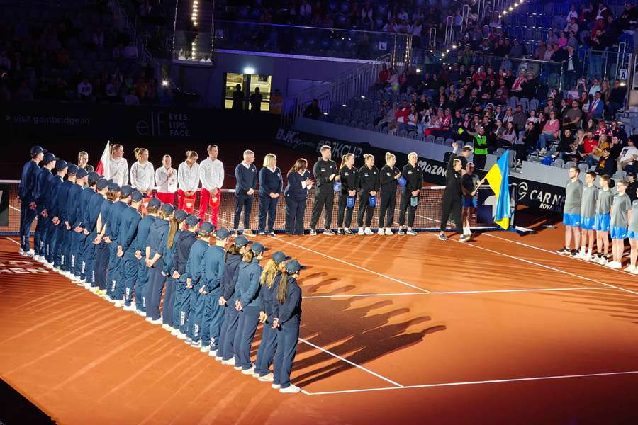 Polki i Ukrainki podczas meczu Billie Jean King Cup w 2025 roku w Radomiu