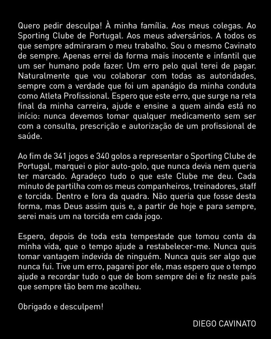 O comunicado de Diego Cavinato O comunicado de Diego Cavinato