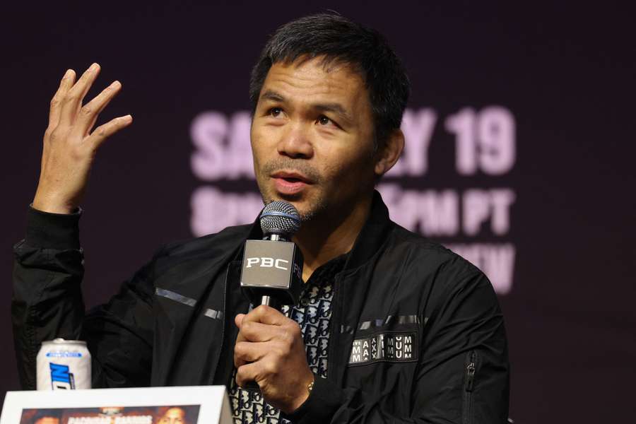 Filipino boxer Manny Pacquiao speaks during the press conference ahead of his WBC welterweight title fight against Mario Barrios