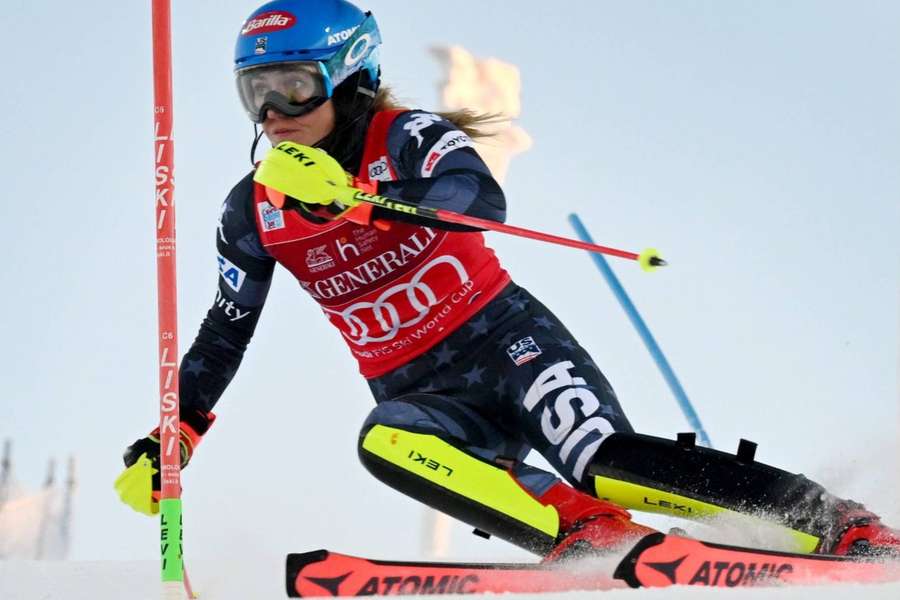 Mikaela Shiffrin competes during the first run of the women's slalom competition in the Alpine Skiing World Cup event in Levi