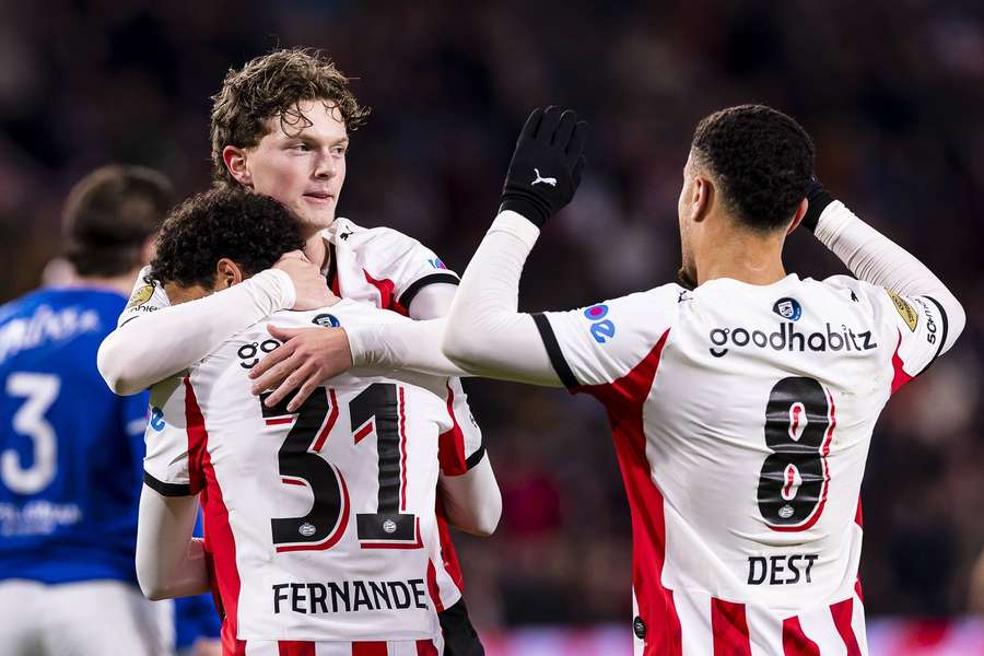 PSV's Paul Wanner celebrates scoring the 2-0 against GVVV with Noah Fernandez and Sergino Dest PSV's Paul Wanner celebrates scoring the 2-0 against GVVV with Noah Fernandez and Sergino Dest