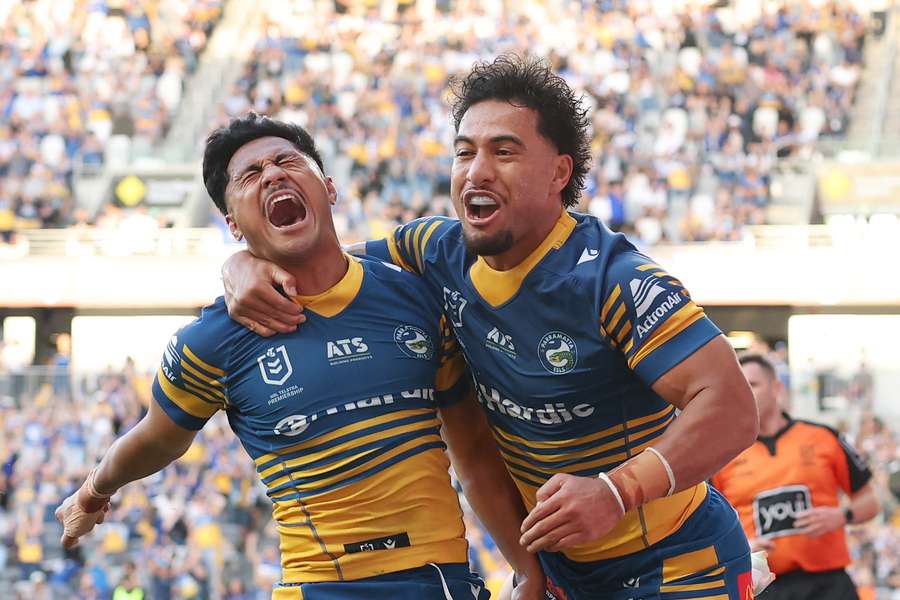 Parramatta's Joash Papalii celebrates a try scored against the Bulldogs on Sunday.