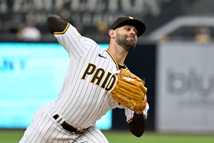 Nick Martinez #21 of the San Diego Padres pitches during the first inning of a baseball game against the Milwaukee Brewers at Petco Park on April 13, 2023