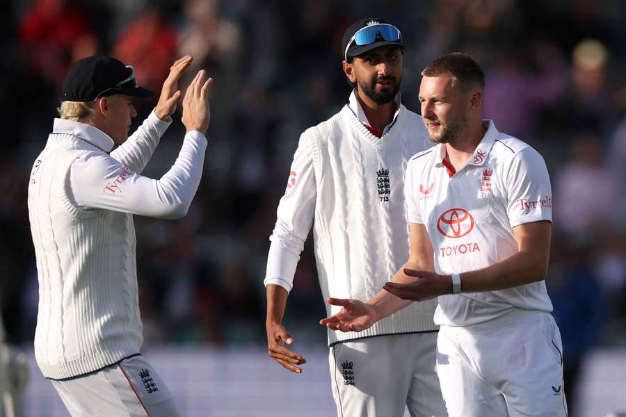 England's Gus Atkinson celebrates the wicket of New Zealand's William O'Rourke