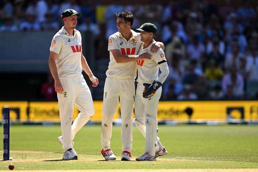 Australia's bowlers celebrate against England