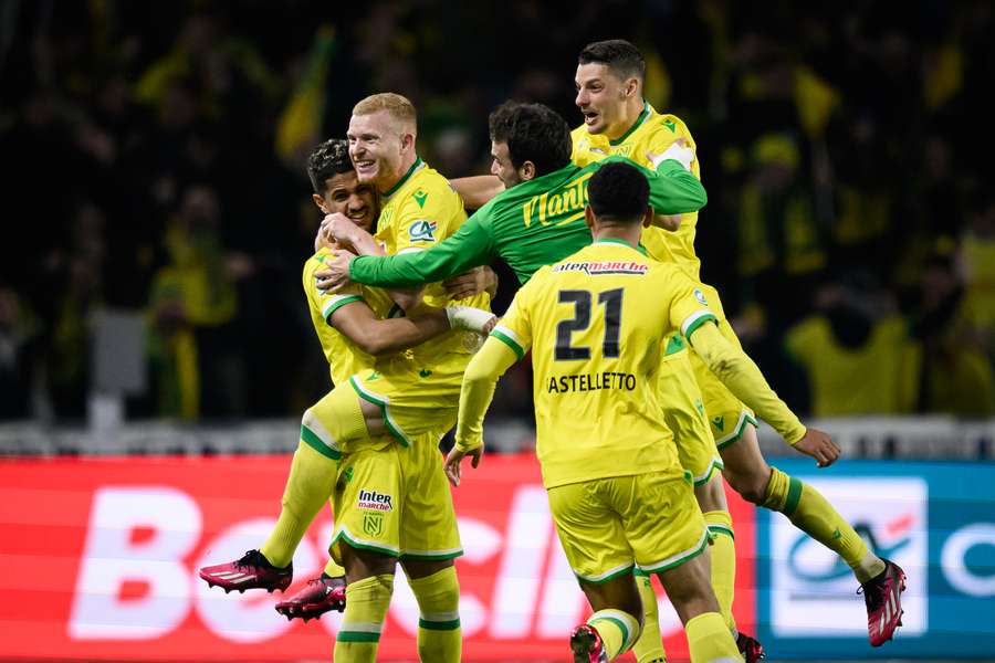 Nantes celebrate their winner against Lyon