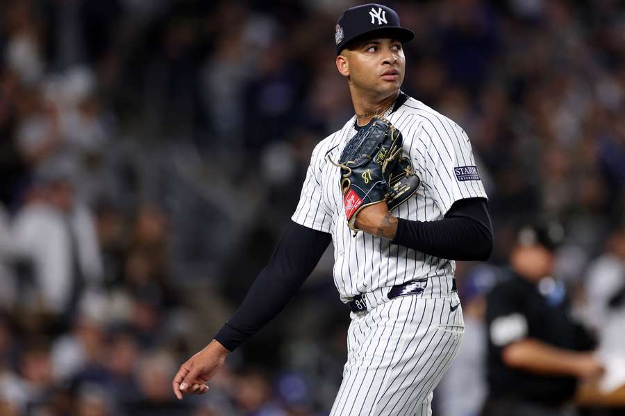 New York Yankees starting pitcher Luis Gil walking off the mound during the 2024 World Series