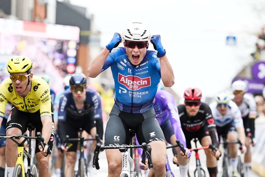 Jasper Philipsen celebrates winning In Flanders Fields
