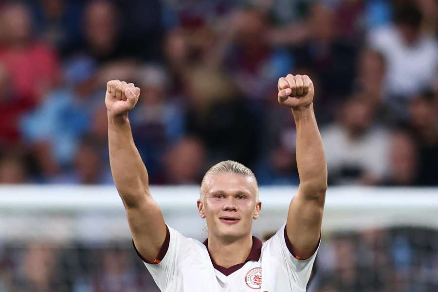 Manchester City's Norwegian striker Erling Haaland celebrates after scoring the second goal