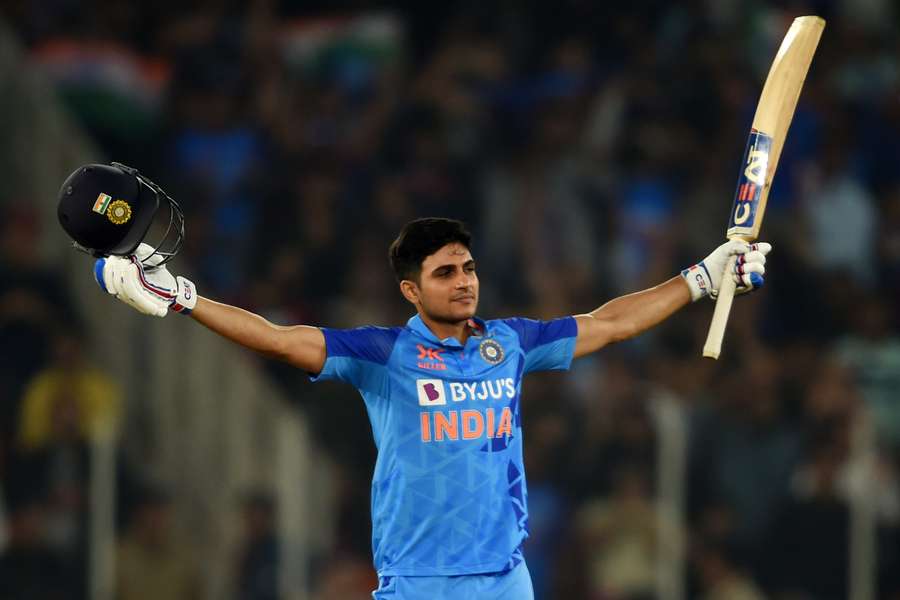 India's Shubman Gill celebrates after scoring a century