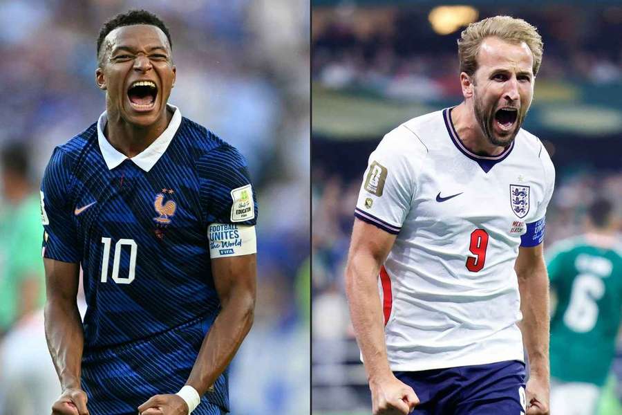 A composite image of France's Kylian Mbappe and England's Harry Kane A composite image of France's Kylian Mbappe and England's Harry Kane