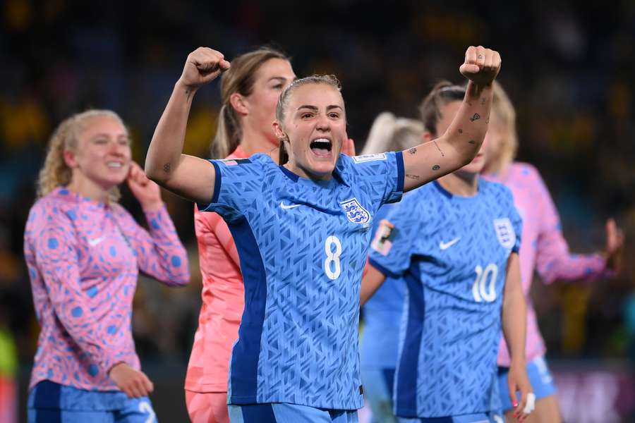 England's midfielder #08 Georgia Stanway celebrates her team's victory