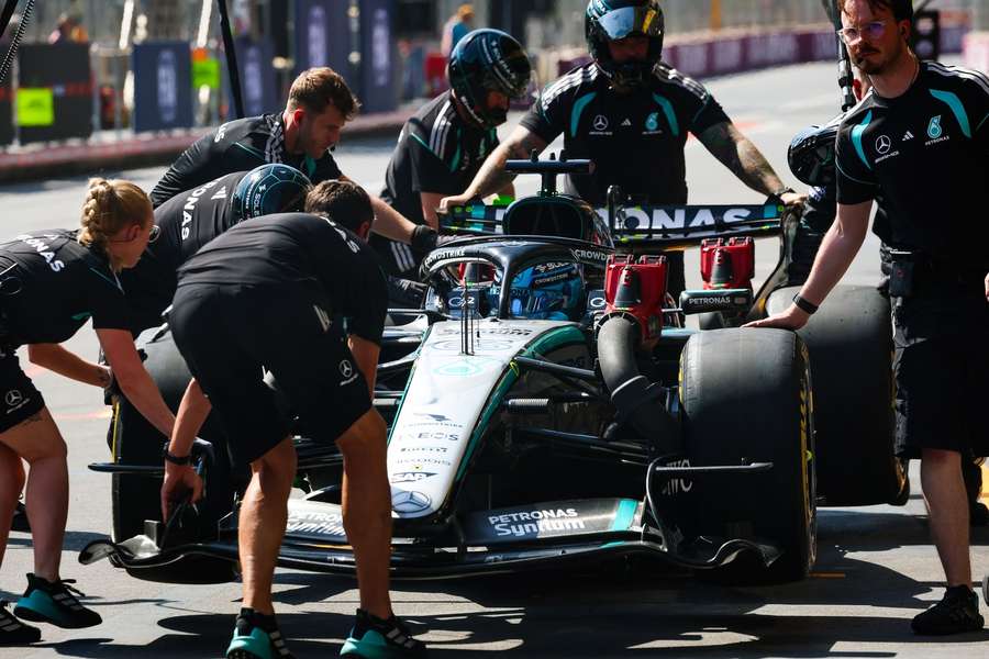 George Russell during a pit stop
