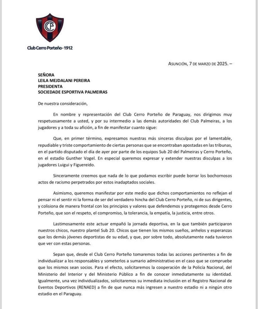 Carta enviada pelo Cerro Porteño ao Palmeiras