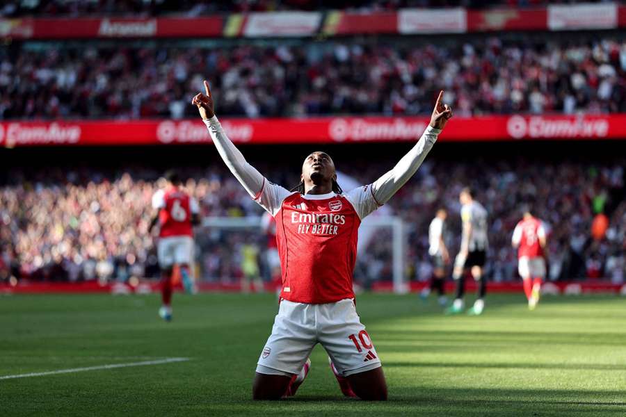 Arsenal's Eberechi Eze celebrates scoring their winning goal