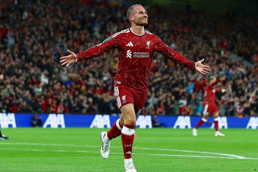 Liverpool's Alexis Mac Allister celebrates scoring against Tottenham