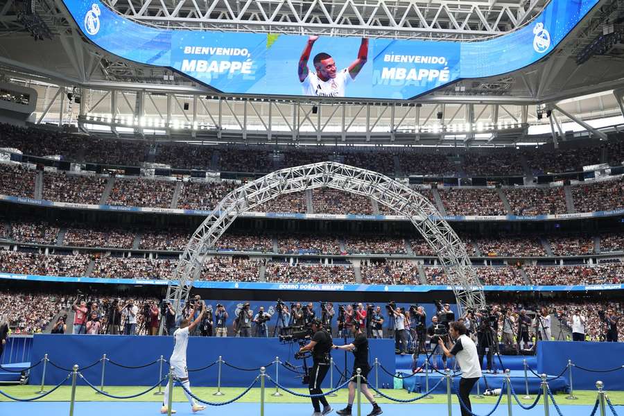 Real Madrid unveil Kylian Mbappe during a presentation at the Santiago Bernabeu Stadium in Madrid Real Madrid unveil Kylian Mbappe during a presentation at the Santiago Bernabeu Stadium in Madrid