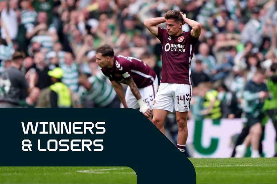 Hearts players are seen at full-time after losing their title-decider with Celtic