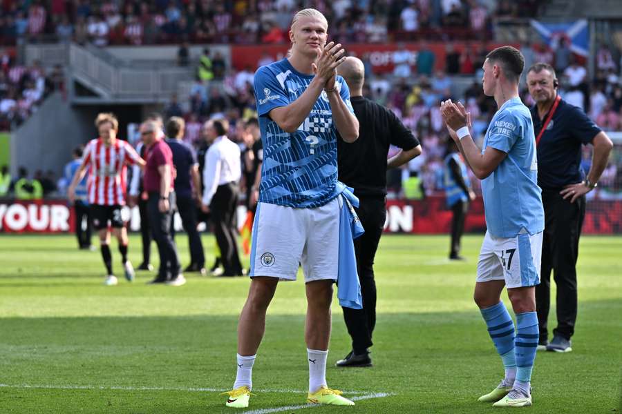 Manchester City's Norwegian striker Erling Haaland acknowledges fans at the end of the English Premier League football match between Brentford and Manchester City