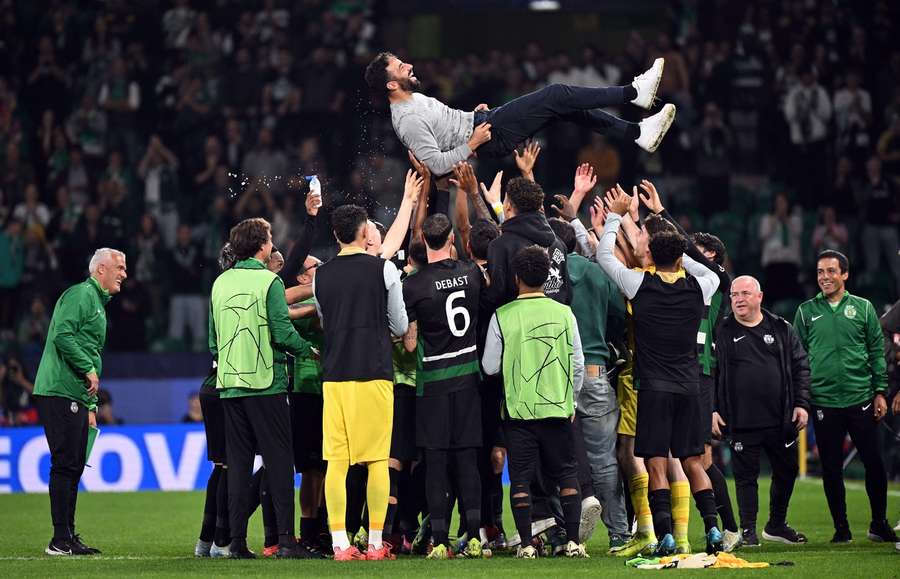 Sporting manager Ruben Amorim is tossed into the air by his players after his final game in charge.