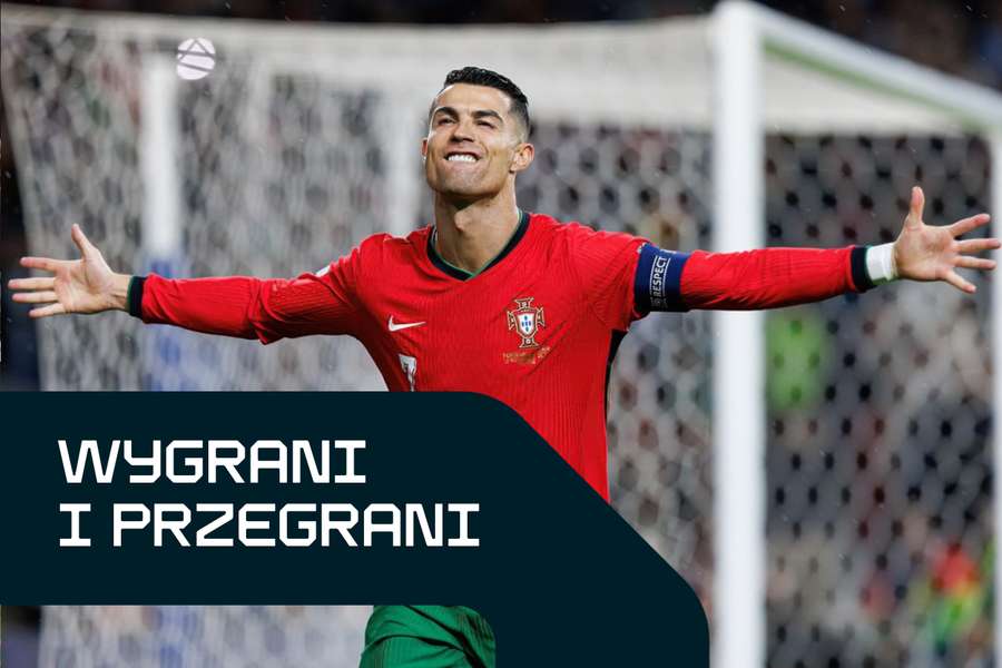 Cristiano Ronaldo świętuje po zdobyciu bramki podczas wygranego przez Portugalię meczu Ligi Narodów UEFA z Polską