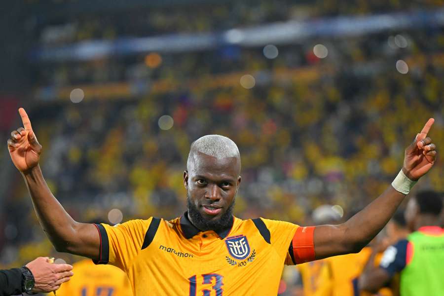 Ecuador captain Enner Valencia celebrates his penalty during his country's win over Argentina.
