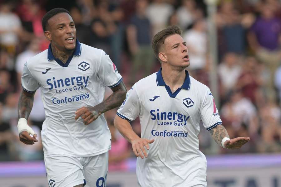 Tomas Suslov of Verona celebrates after scoring the opening goal