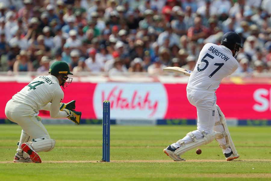 England's Jonny Bairstow loses his wicket on the opening day of the first Ashes cricket Test match between England and Australia