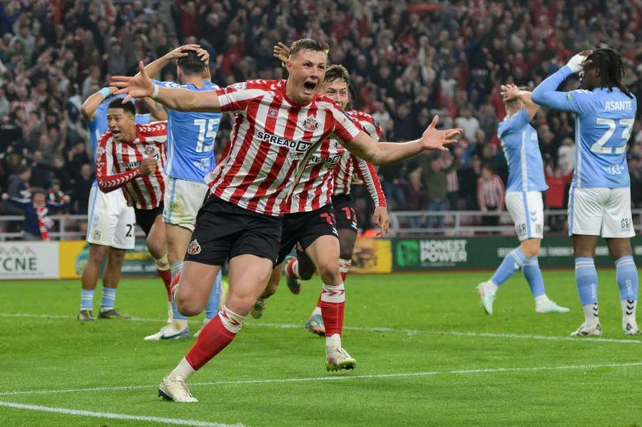 Sunderland's Daniel Ballard celebrates scoring the winning goal against Coventry Sunderland's Daniel Ballard celebrates scoring the winning goal against Coventry