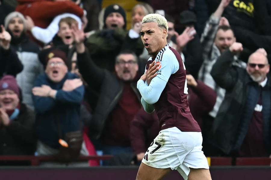 Morgan Rogers celebrates scoring Aston Villa's second goal against Man City at Villa Park