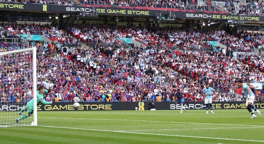 Crystal Palace goalkeeper, Dean Henderson, saves the penalty kick from Omar Marmoush in the FA Cup Final at Wembley Stadium on 17th May 2025 Crystal Palace goalkeeper, Dean Henderson, saves the penalty kick from Omar Marmoush in the FA Cup Final at Wembley Stadium on 17th May 2025