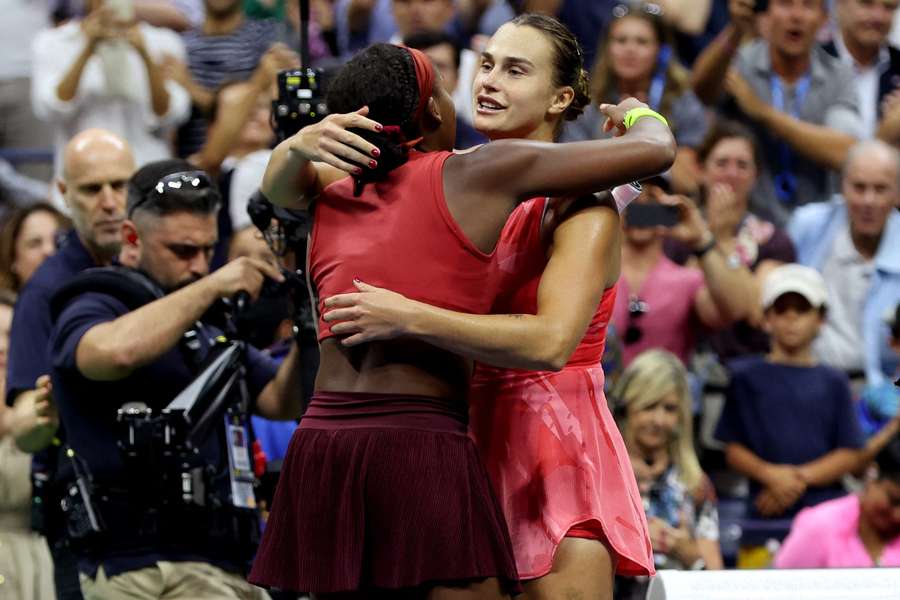 Coco Gauff and Aryna Sabalenka embrace after their final 
