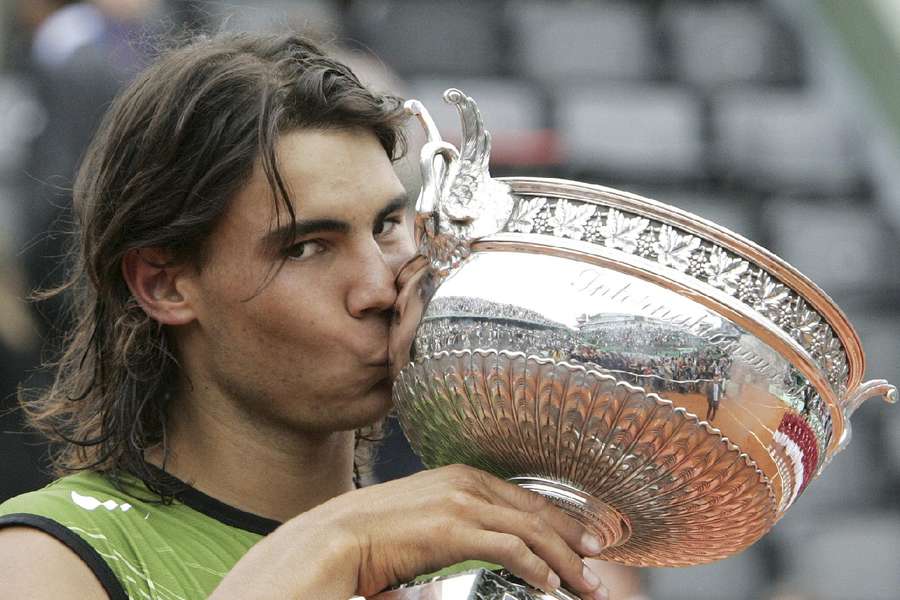 Nadal after winning his first Slam at Roland Garros in 2005