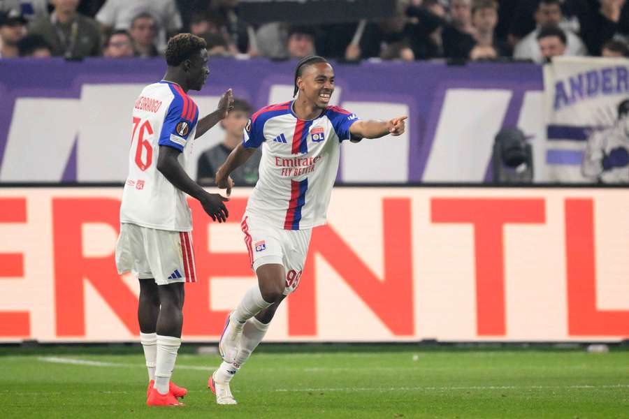 Lyon's Danish midfielder Noah Nartey celebrates after scoring