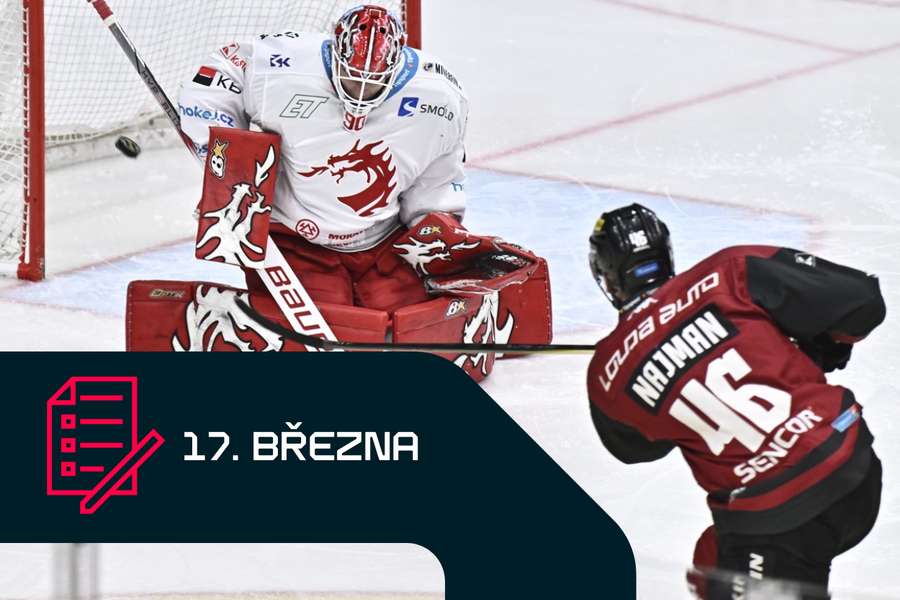 Ondřej Kacetl z Třince a Ondřej Najman ze Sparty v prvním čtvrtfinále play off 2025.