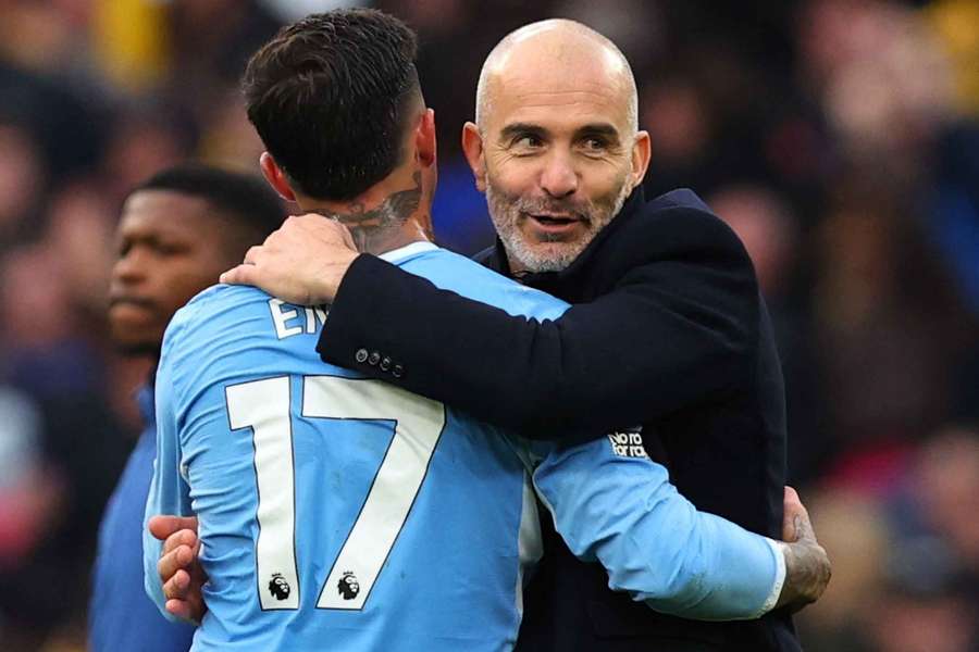 Manchester City manager Enzo Maresca and Enzo Fernandez celebrate after the match