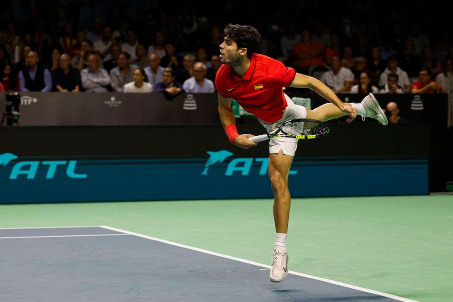 Alcaraz in action at the Davis Cup