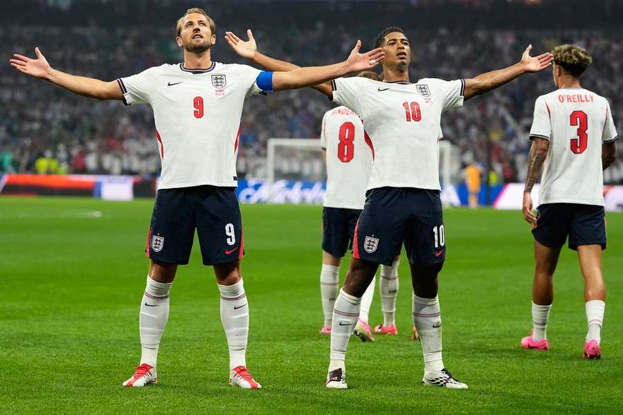 England's Jude Bellingham celebrates with Harry Kane after scoring his team's first goal during the World Cup last 16 against Mexico England's Jude Bellingham celebrates with Harry Kane after scoring his team's first goal during the World Cup last 16 against Mexico